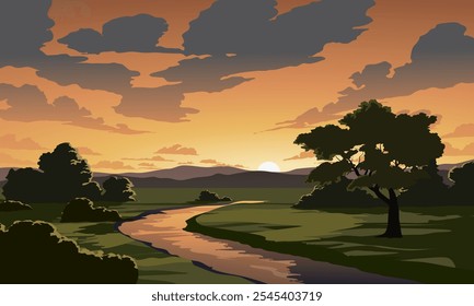 Hermosa ilustración de puesta de sol rural con río y llanura