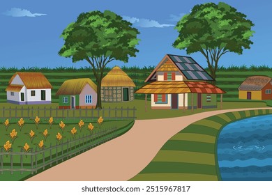 Beautiful rural village landscape. Paddy fields, huts, trees, hills, rivers and wooden fences surround a serene scene of nature's harmony and simplicity