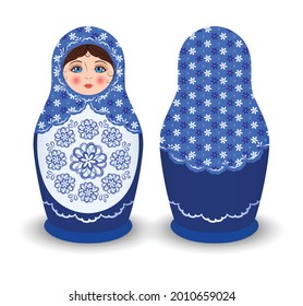 Beautiful Russian Doll in a Blue Sundress. Isolated Matryoshka Front, Back View. Wooden Toy, flowers pattern on clothes. A Fairy-tale Female Character. Slavic Symbol. Cartoon color style. Vector image