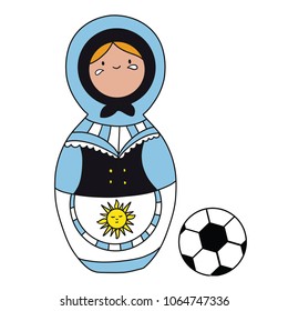 Beautiful russian doll with soccer ball wearing the colors of the Uruguay team of football. Vector isolated on white background.