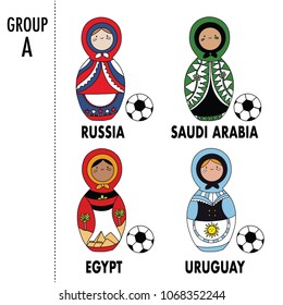 Beautiful russian doll with soccer ball wearing the colors of the Russia, Egypt, Saudi Arabia, and Uruguay team of football. 
Group A. Vector isolated on white background.