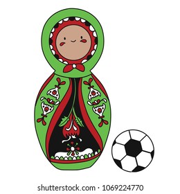 Beautiful russian doll with soccer ball wearing the colors of the Iran team of football. Vector isolated on white background.