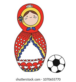 Beautiful russian doll with soccer ball wearing the colors of the Spain team of football. Vector isolated on white background.