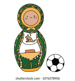 Beautiful russian doll with soccer ball wearing the colors of the Australia team of football. Vector isolated on white background.