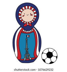 Beautiful russian doll with soccer ball wearing the colors of the France team of football. Vector isolated on white background.
