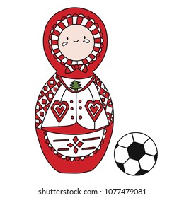 Beautiful russian doll with soccer ball wearing the colors of the Denmark team of football. Vector isolated on white background.