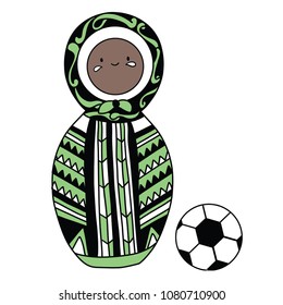 Beautiful russian doll with soccer ball wearing the colors of the Nigerian team of football. Vector isolated on white background.
