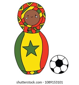 Beautiful russian doll with soccer ball wearing the colors of the Senegal team of football. Vector isolated on white background.