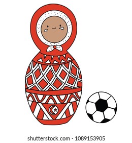 Beautiful russian doll with soccer ball wearing the colors of the Tunez team of football. Vector isolated on white background.