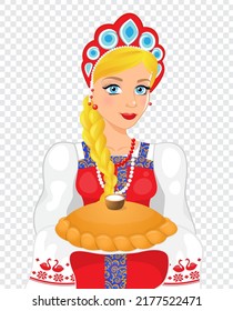A beautiful Russian girl, a blonde woman in a national costume, in a kokoshnik, with a long braid, blue eyes and a loaf in her hands. Isolated vector illustration on a transparent background