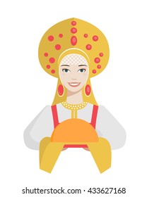Beautiful Russian girl greets guests in traditional costume with loaf. Greeting. Young smiling woman in a yellow kokoshnik and red sarafan. Vector illustration flat.