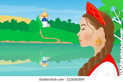 A beautiful Russian girl in profile in a national costume, in a red kokoshnik and with a long braid against the backdrop of a green landscape with a birch, a river and a church. Vector illustration