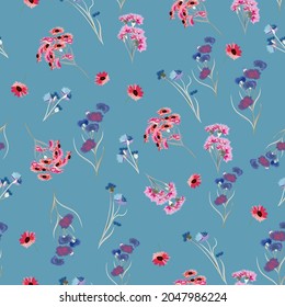 Beautiful rustic vector floral seamless pattern with pink flowers on blue