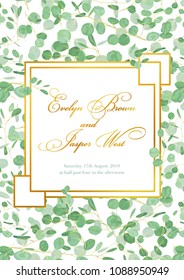 Beautiful rustic wedding invitation card with eucalyptus green leaves and branches in a gold geometric square frame isolated on white background. Vertical