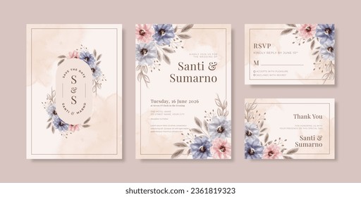 Hermosa plantilla rústica de invitación a la boda con acuarela floral