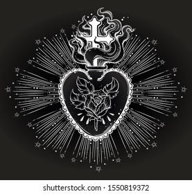The beautiful sacred heart of Jesus with rays.Tattoo art, graphic, t-shirt design, postcard, poster design, coloring books,spirituality, occultism.Isolated vector illustration.