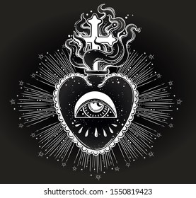 The beautiful sacred heart of Jesus with rays.Tattoo art, graphic, t-shirt design, postcard, poster design, coloring books,spirituality, occultism.Isolated vector illustration.
