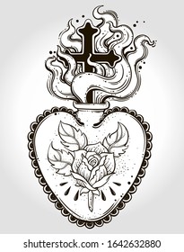 The beautiful sacred heart of Jesus with rays.Tattoo art, graphic, t-shirt design, postcard, poster design, coloring books,spirituality, occultism.Isolated vector illustration.