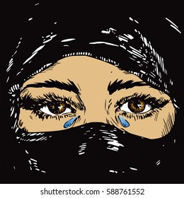The beautiful sad brown eyed Muslim girl crying, face hidden in a black headscarf (hijab), color hand drawn vector illustration in ink drawing pop art style (close-up)