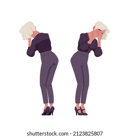 Beautiful Sad Crying Blonde Woman, White Dyed Hair, Business Outfit. Office Attire Lady, Professional Chic Work Outfits. Vector Flat Style Cartoon Illustration Isolated On Background, Front, Rear