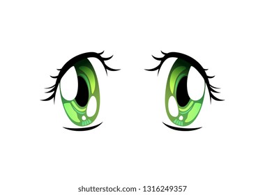 Beautiful Sad Green Eyes, Bright Eyes with Light Reflections Manga Japanese Style Vector Illustration