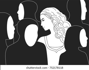Beautiful sad long-haired woman surrounded by black silhouettes of people without faces. Concept of loneliness in crowd, alienation, estrangement, indifference. Monochrome vector illustration.