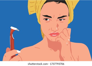 beautiful, sad woman with a towel on her head looking at a red machine illustration 