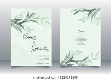 Hermosa hoja verde salvia plantilla de tarjeta de invitación a la boda Vector Premium