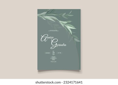 Beautiful sage green leaves  wedding invitation card template Premium Vector