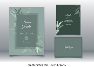 Beautiful sage green leaves  wedding invitation card template Premium Vector