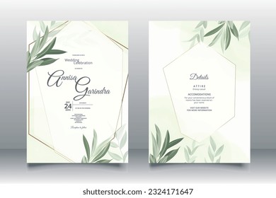 Hermosa hoja verde salvia plantilla de tarjeta de invitación a la boda Vector Premium