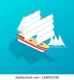 Beautiful sailboat frigate for traveling, large ship for transporting people and goods. Travel, trip, vacation, journey, cargo delivery, warship naval ship. Isometric vector.
