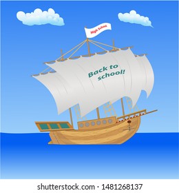 Beautiful sailboat on blue sea, with text BACK TO SCHOOL on it.