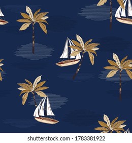 Beautiful sailboat ,palm tree on the modern wave sea ocean vector seamless pattern background s tropical mood vector,Design for fashion,fabroc,textile,wallpaper,wrapping and all print on dark blue
