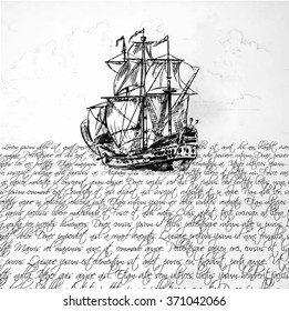 Beautiful sailboat sailing on the ocean of handwriting text.