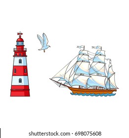 Beautiful sailing ship, lighthouse and seagull, hand drawn, sketch style cartoon vector illustration isolated on white background. Cartoon set of sailing ship, sailboat, lighthouse and flying seagull