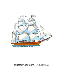 Beautiful sailing ship, sailboat, hand drawn, sketch style cartoon vector illustration isolated on white background. Hand drawn cartoon vector illustration of sailing ship, sailboat with white sails