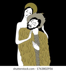 Beautiful saint couple. Male and female archetypes. Golden fleece myth. Isolated vector illustration. Original style art.