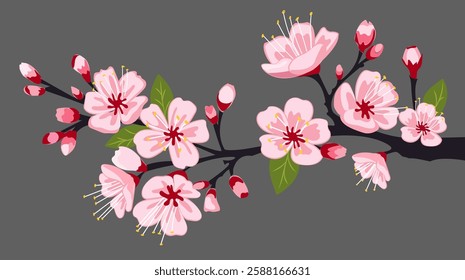 Beautiful sakura blossom vector illustration showcasing pink flowers and green leaves on a dark background