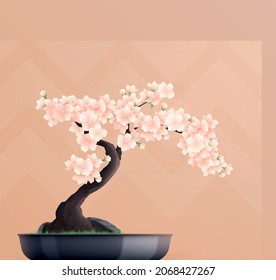Beautiful sakura bonsai tree in pot on light brown geometric background flat vector illustration