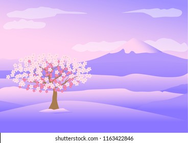 beautiful sakura flower with fuji mountian background on purple landscape