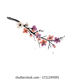 Beautiful sakura tree branch isolated on white background. Tenderness spring background. Japanese cherry blossom. Blooming apple flowers. Wedding card with text place. Stock vector illustration