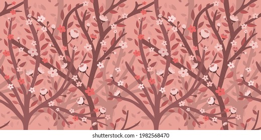 Beautiful sakura tree seamless pattern with pink flowers. Nice print with botanical floral elements. Endless hand drawn background. Leaves fall. Botanical illustration. Springtime textile design. 