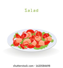 Beautiful salad of vegetables and fish on a white plate. Proper nutrition. Isolate on a white background. Vector illustration in flat style.
