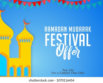 beautiful sale abstract or poster for Ramadan Mubarak Festival Offer with nice and creative mosque design illustration in a background.