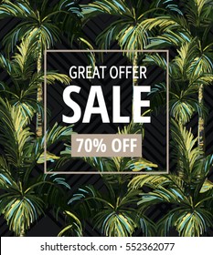 Beautiful sale banner, poster with hand drawn coconut palm trees. Perfect for wallpapers, web page backgrounds, surface textures, textile.