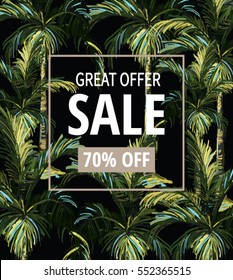 Beautiful sale banner, poster with hand drawn coconut palm trees. Perfect for wallpapers, web page backgrounds, surface textures, textile.