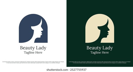 Beautiful salon woman logo design illustration. Silhouette of a young woman face at a luxury elegant clinic spa boutique hair eve character fashion style. Abstract minimal simple icon symbol.