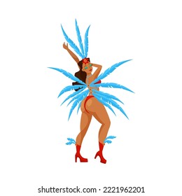 Beautiful samba dancer in blue and red costume cartoon illustration. Girl in carnival costume dancing on parade in Rio, Brazil. Female on white background. Hobby, party, entertainment concept
