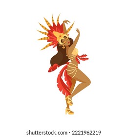 Beautiful samba dancer in red and gold costume cartoon illustration. Girl in carnival costume dancing on parade in Rio, Brazil. Female on white background. Hobby, party, entertainment concept